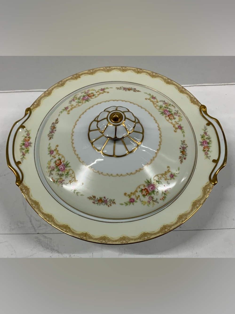 Noritake Cream Porcelain Covered Serving Dish with Pink Floral and Gold Accents